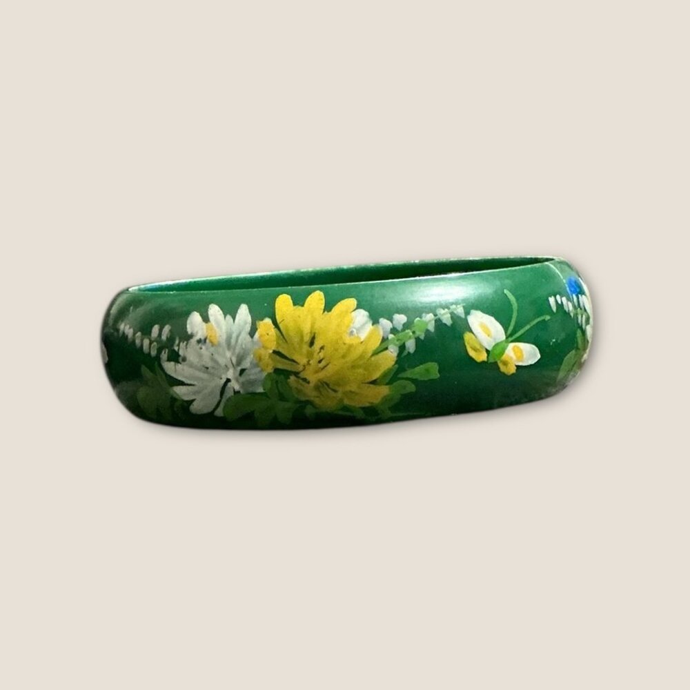Hand-Painted Floral Green Wooden Bangle Bracelet